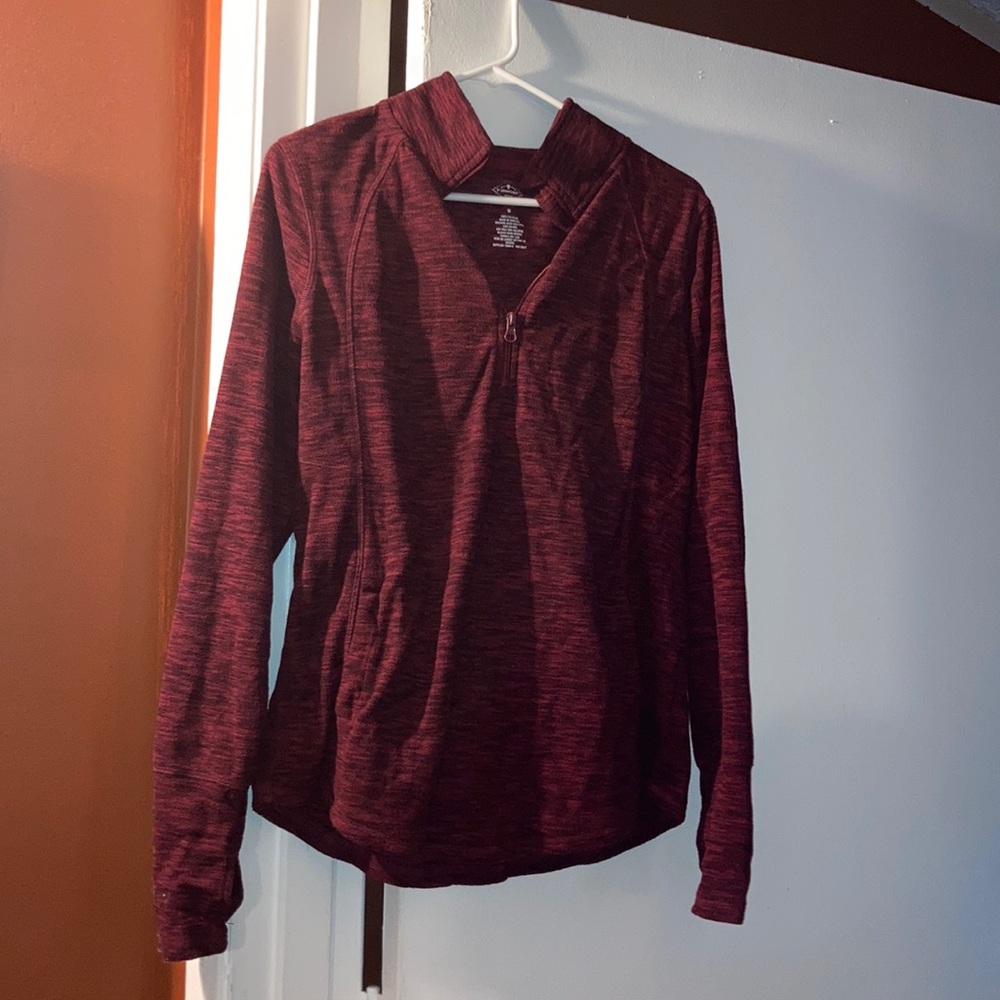 Burgundy crew neck jacket.